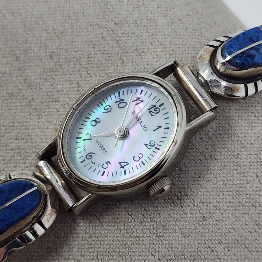 Vintage Lapis Inlay Oval Sterling Silver Expandable Women's Navajo‎ Quartz Watch - Picture 13 of 14